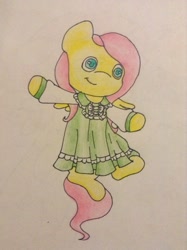 Size: 956x1280 | Tagged: safe, artist:fluttersdoodles, fluttershy, pegasus, pony, g4, :i, clothes, dress, female, flying, smiling, solo, traditional art