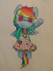 Size: 956x1280 | Tagged: safe, artist:fluttersdoodles, rainbow dash, pegasus, pony, g4, blushing, clothes, dress, female, flying, hippie, hoodie, looking at you, solo, traditional art, waving, waving at you