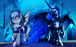 Size: 1020x632 | Tagged: safe, artist:dormin-dim, nightmare moon, oc, oc:midnight snowstorm, alicorn, bat pony, bat pony alicorn, pony, g4, armor, bat pony oc, bat wings, breastplate, commission, duo, ethereal mane, female, hoof shoes, horn, male, mare, moonlight, night, royal guard, royal guard armor, spread wings, stallion, two toned hair, walking, wings, ych result