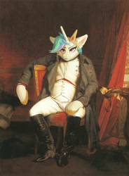 Size: 1172x1596 | Tagged: safe, artist:hoofindust, derpibooru exclusive, princess celestia, g4, boots, chair, clothes, fine art parody, joke, napoleon bonaparte, painting, shoes, sitting