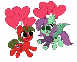 Size: 4096x3327 | Tagged: safe, artist:kittyrosie, oc, oc only, bat pony, pony, unicorn, balloon, bat pony oc, commission, holiday, horn, open mouth, simple background, unicorn oc, valentine's day, white background, ych result