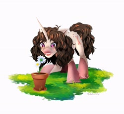 Size: 4096x3791 | Tagged: safe, artist:irusumau, oc, oc only, pony, unicorn, flower, flower pot, grass, simple background, solo, white background