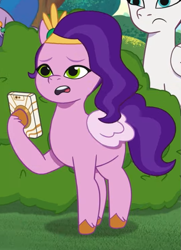 Size: 531x735 | Tagged: safe, screencap, izzy moonbow, pipp petals, zipp storm, pegasus, pony, unicorn, g5, mission imponable, my little pony: tell your tale, spoiler:g5, spoiler:my little pony: tell your tale, spoiler:tyts01e49, cropped, female, mare, offscreen character, phone