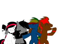 Size: 1820x1350 | Tagged: safe, artist:ruchiyoto, oc, oc only, oc:black cross, oc:emala jiss, oc:rainbow storm, oc:tootise4ever, pegasus, pony, unicorn, zebra, group hug, hug, male, simple background, stallion, white background