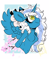 Size: 2500x3000 | Tagged: safe, artist:stinkygooby, oc, oc only, oc:fleurbelle, alicorn, anthro, unguligrade anthro, alicorn oc, belly button, blue background, bow, breasts, cherry blossoms, featureless breasts, female, flower, flower blossom, hair bow, high res, horn, mare, simple background, smiling, wings, yellow eyes