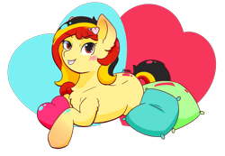 Size: 2491x1727 | Tagged: safe, artist:morrigun, oc, oc only, oc:chocolate sweets, earth pony, pony, eyes open, female, hairclip, heart, heart background, looking at you, lying down, mare, pillow, signature, simple background, smiling, solo, transparent background