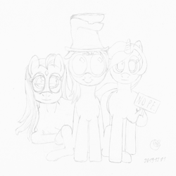 Size: 1920x1920 | Tagged: safe, artist:moon flower, oc, oc only, oc:darkest hour, oc:moon flower, oc:noble pinions, alicorn, earth pony, pony, 2019, clothes, derp, equine, female, front view, ghastly gibbus (tf2), goggles, grayscale, group, hair, hat, holding, hoof hold, hooves, horn, lineart, long hair, looking at you, lying down, mammal, mane, mare, monochrome, nope, pencil drawing, pyrovision goggles (tf2), raised leg, sign, silly face, simple background, sitting, smiling, standing, star (coat marking), tail, team fortress 2, torn clothes, traditional art, trio