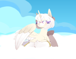 Size: 924x717 | Tagged: safe, artist:harusocoma, oc, alicorn, pony, chest fluff, cloud, eyes closed, glasses, horn, lying, lying down, lying on a cloud, on a cloud, sky background, smiling, solo, white coat, wings