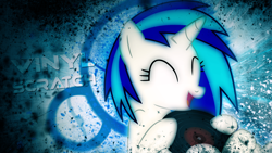 Size: 1920x1080 | Tagged: safe, artist:namelesshero2222, artist:tygerxl, edit, dj pon-3, vinyl scratch, pony, unicorn, g4, abstract background, circle, cute, eyes closed, female, grunge, happy, mare, name, open mouth, open smile, record, smiling, solo, vinylbetes, wallpaper, wallpaper edit