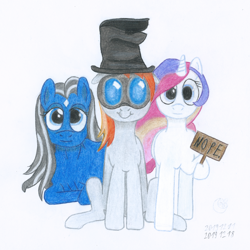 Size: 1920x1920 | Tagged: safe, artist:moon flower, oc, oc only, oc:darkest hour, oc:moon flower, oc:noble pinions, alicorn, earth pony, pony, 2019, clothes, colored, colored pencil drawing, derp, equine, female, front view, ghastly gibbus (tf2), goggles, group, hair, hat, holding, hoof hold, hooves, horn, long hair, looking at you, lying down, mammal, mane, mare, nope, pencil drawing, pyrovision goggles (tf2), raised leg, sign, silly face, simple background, sitting, smiling, standing, star (coat marking), tail, team fortress 2, torn clothes, traditional art, trio