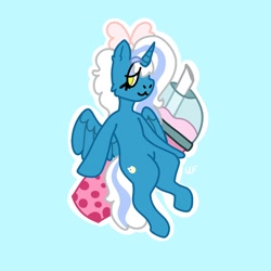 Size: 1000x1000 | Tagged: safe, artist:unavailable-finny, oc, oc only, oc:fleurbelle, alicorn, pony, alicorn oc, blue background, bow, drink, female, hair bow, horn, mare, simple background, solo, straw, wings, yellow eyes