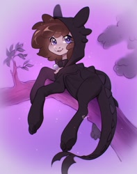 Size: 1617x2048 | Tagged: artist needed, safe, artist:fedos, oc, oc only, oc:raevyn, bat pony, pegasus, pony, clothes, costume, cute, dragon costume, how to train your dragon, onesie, purple background, simple background, solo, toothless the dragon, tree branch