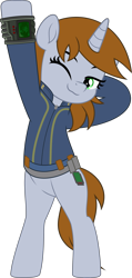 Size: 2385x5000 | Tagged: safe, artist:jhayarr23, oc, oc only, oc:littlepip, pony, unicorn, fallout equestria, bipedal, clothes, commissioner:solar aura, female, horn, mare, one eye closed, solo, stretching, unicorn oc