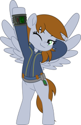 Size: 3253x5000 | Tagged: safe, artist:jhayarr23, oc, oc:littlepip, pegasus, pony, fallout equestria, bipedal, clothes, commissioner:solar aura, female, jumpsuit, one eye closed, pegapip, pegasus littlepip, pipbuck, race swap, simple background, solo, stretching, transparent background, vault suit