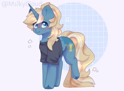 Size: 1500x1100 | Tagged: safe, artist:cofiiclouds, oc, oc only, oc:maple parapet, pony, unicorn, clothes, cloven hooves, female, looking at you, mare, shirt, simple background, solo, white background