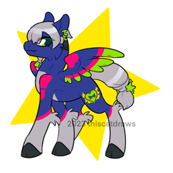 Size: 640x640 | Tagged: safe, artist:thiscatdraws, oc, pegasus, pony, anime, black hooves, blue coat, blue skin, blue wings, closed mouth, colored wings, ear piercing, earring, fur, gray hooves, gray mane, gray skin, gray wings, green eyes, green wings, grey hair, hooves, jewelry, jodio joestar, jojo's bizarre adventure, looking at you, male, multicolored skin, multicolored wings, pegasus oc, piercing, pink wings, ponified, pony oc, ponytail, signature, simple background, solo, stallion, stars, the jojolands, watermark, white background, wings