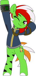 Size: 2364x5000 | Tagged: safe, artist:jhayarr23, oc, oc:wandering sunrise, earth pony, pony, fallout equestria, fallout equestria: dead tree, bipedal, clothes, commissioner:solar aura, earth pony oc, one eye closed, solo, stretching