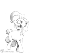 Size: 3840x2724 | Tagged: safe, artist:moon flower, pinkie pie, earth pony, pony, series:moon flower's my little pony: friendship is magic comic issue #1 fan art, g4, 2016, creepy, equine, faic, female, grayscale, grin, gritted teeth, hair, high res, hooves, mammal, mane, mare, monochrome, open mouth, pencil drawing, signature, simple background, smiling, solo, standing, tail, teeth, three-quarter view, traditional art, white background, wip