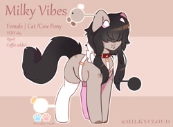 Size: 1500x1100 | Tagged: safe, artist:cofiiclouds, oc, oc only, oc:cofii, oc:milky vibes, cat, cat pony, cow, cow pony, earth pony, hybrid, original species, pony, beauty mark, cat tail, coat markings, color palette, colored hooves, hair over eyes, harness, hooves, reference sheet, simple background, socks (coat markings), solo, tail, tan background