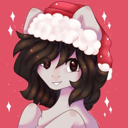 Size: 1400x1400 | Tagged: safe, artist:cofiiclouds, oc, oc only, pony, christmas, hat, holiday, red background, santa hat, simple background, solo