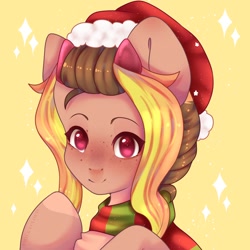 Size: 1400x1400 | Tagged: safe, artist:cofiiclouds, oc, oc only, earth pony, pony, christmas, clothes, hat, holiday, santa hat, scarf, simple background, solo, yellow background