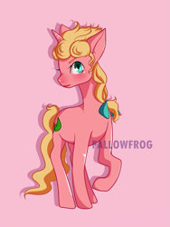 Size: 2435x3235 | Tagged: safe, artist:fallowfr0g, alicorn, earth pony, pony, anime, blonde hair, blonde mane, blue eyes, braid, closed mouth, curly hair, earth pony oc, eyelashes, giorno giovanna, golden wind, high res, horn, jojo's bizarre adventure, leaf, looking at you, male, pink background, pink skin, ponified, simple background, solo, vento aureo, watermark, wavy mane