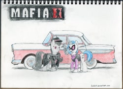 Size: 2074x1496 | Tagged: safe, artist:apocheck13, dj pon-3, octavia melody, vinyl scratch, g4, car, clothes, female, gun, handgun, mafia, mafia octavia, pistol, weapon