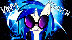 Size: 1920x1080 | Tagged: safe, artist:kanistorshik, artist:tygerxl, edit, dj pon-3, vinyl scratch, pony, unicorn, g4, abstract background, bust, female, headphones, looking at you, mare, name, smiling, smiling at you, solo, sunglasses, wallpaper, wallpaper edit