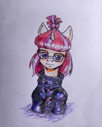 Size: 1080x1350 | Tagged: safe, artist:kotle1ka, moondancer, pony, unicorn, g4, glasses, jumper, simple background, solo, traditional art, white background