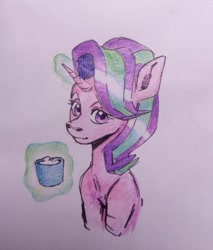 Size: 581x683 | Tagged: safe, artist:kotle1ka, starlight glimmer, pony, unicorn, g4, cup, food, magic, simple background, solo, tea, teacup, telekinesis, traditional art, white background