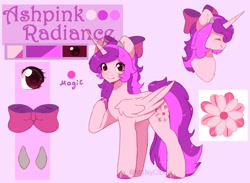 Size: 1500x1100 | Tagged: safe, artist:cofiiclouds, oc, oc only, oc:ashpink radiance, alicorn, pony, alicorn oc, bow, color palette, colored hooves, eyebrows, eyebrows visible through hair, folded wings, hair bow, hoof on chest, hooves, horn, looking at you, multiple horns, pink background, reference sheet, shiny hooves, simple background, solo, tricorn, wings