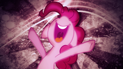 Size: 1920x1080 | Tagged: safe, artist:sportsracer48, artist:tygerxl, edit, pinkie pie, earth pony, pony, g4, abstract background, big smile, bipedal, ears back, female, lighting, mare, open mouth, open smile, smiling, solo, uvula, wallpaper, wallpaper edit