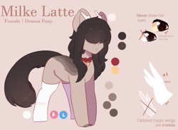 Size: 1500x1100 | Tagged: safe, artist:cofiiclouds, oc, oc only, oc:cofii, oc:milke latte, demon, demon pony, earth pony, pony, cat tail, clothes, collar, color palette, colored hooves, colored sclera, hair over eyes, hooves, reference sheet, simple background, socks, solo, tail, yellow sclera