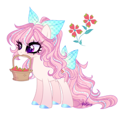 Size: 1280x1179 | Tagged: safe, artist:afterglory, oc, oc only, earth pony, pony, adoptable, base used, basket, bow, food, hair bow, herbivore, mouth hold, simple background, solo, strawberry, tail, tail bow, transparent background