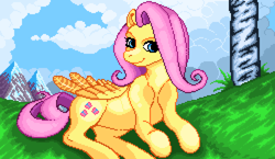 Size: 2048x1188 | Tagged: safe, artist:kotle1ka, fluttershy, pegasus, pony, g4, cloud, grass, mountain, pixel art, solo