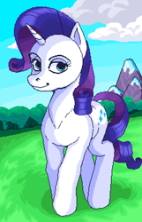 Size: 1170x1820 | Tagged: safe, artist:kotle1ka, rarity, pony, unicorn, g4, cloud, grass, mountain, pixel art, solo