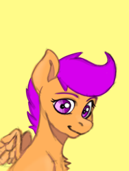 Size: 768x1024 | Tagged: safe, artist:kotle1ka, scootaloo, pegasus, pony, g4, bust, eyebrows, female, filly, foal, looking at you, portrait, simple background, smiling, solo, spread wings, wings, yellow background