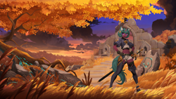 Size: 2205x1241 | Tagged: safe, artist:dogs, derpibooru exclusive, oc, oc only, anthro, anthro oc, collage, photoshop, ruins, scenery, sword, tree, weapon