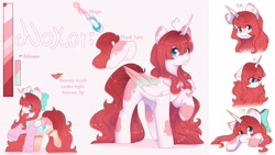 Size: 2300x1300 | Tagged: safe, artist:cofiiclouds, oc, oc only, oc:nokori, alicorn, pony, ahoge, alicorn oc, beauty mark, blank flank, bow, clothes, color palette, colored wings, commission, commissioner:nokorisama, eye clipping through hair, female, floppy ears, folded wings, freckles, gradient wings, hair bow, heart ahoge, horn, long mane, looking at you, magic, magic aura, mare, multicolored magic, raised hoof, reference sheet, solo, sparkly mane, sparkly tail, standing, sweater, tail, wings