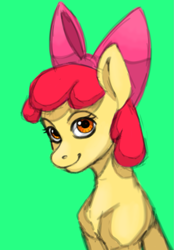 Size: 1003x1441 | Tagged: safe, artist:kotle1ka, apple bloom, earth pony, pony, g4, bow, bust, female, filly, foal, green background, hair bow, portrait, simple background, smiling, solo