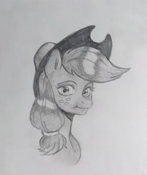 Size: 1720x2048 | Tagged: safe, artist:kotle1ka, applejack, g4, applejack's hat, cowboy hat, grayscale, hat, monochrome, pencil drawing, solo, traditional art