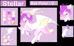 Size: 2048x1282 | Tagged: safe, artist:cofiiclouds, oc, oc only, oc:stellar, bat pony, pony, blue blood, blue tongue, color palette, colored hooves, colored tongue, eyebrows, eyebrows visible through hair, glowing, glowing wings, gradient mane, hat, hooves, looking at you, looking back, looking back at you, reference sheet, solo, tongue out, underhoof, wings