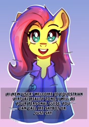 Size: 1822x2600 | Tagged: safe, artist:freak-side, fluttershy, android, pegasus, pony, robot, g4, clothes, cosplay, costume, detroit: become human, looking at you, simple background, smiling, text