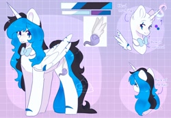 Size: 1600x1100 | Tagged: safe, artist:cofiiclouds, oc, oc only, alicorn, pony, 2021, alicorn oc, blue eyes, bowtie, color palette, eye clipping through hair, facial markings, female, grid background, horn, lavender background, leg markings, long mane, long tail, magic, magic aura, mare, necktie, reference sheet, simple background, tail, wing markings, wings