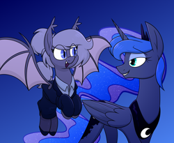 Size: 2212x1817 | Tagged: safe, artist:moonatik, princess luna, oc, oc:selenite, alicorn, bat pony, pony, g4, bat pony oc, clothes, crown, cute, eyeshadow, female, jewelry, looking at each other, looking at someone, makeup, mare, peytral, regalia, spread wings, suit, wings