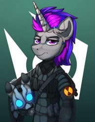 Size: 2250x2900 | Tagged: safe, artist:freak-side, oc, oc only, pony, unicorn, armor, clothes, combine, cosplay, costume, half-life, helmet, high res, looking at you, military uniform, solo, uniform