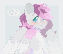 Size: 740x640 | Tagged: safe, artist:cofiiclouds, oc, oc only, oc:sincere shoals, pegasus, pony, blue eyes, blushing, female, lesbian, multicolored hair, pegasus oc, solo, speech bubble, spread wings, wings