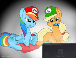 Size: 1024x784 | Tagged: safe, artist:sarikashy, applejack, rainbow dash, earth pony, pegasus, pony, g4, cap, controller, duo, female, gaming, hat, luigi's hat, lying down, mare, mario's hat, nintendo switch, open mouth, playing video games, prone, signature, sitting, tongue out