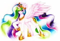 Size: 3383x2310 | Tagged: safe, artist:thatonegib, princess celestia, g4, clothes, colored pencil drawing, ethereal mane, ethereal tail, frown, jewelry, looking at you, necklace, raised hoof, regalia, shoes, solo, spread wings, tail, traditional art, unshorn fetlocks, wings
