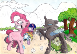 Size: 3840x2724 | Tagged: safe, artist:moon flower, idw, applejack, derpy hooves, fluttershy, pinkie pie, rainbow dash, rarity, spike, twilight sparkle, changeling, dragon, earth pony, goo, pegasus, pony, unicorn, anthro, series:moon flower's my little pony: friendship is magic comic issue #1 fan art, g4, the return of queen chrysalis, 2016, ambiguous gender, angry, arthropod, blue body, blue eyes, blue fur, blue sclera, box, bush, cloud, colored, colored pencil drawing, colored sclera, creepy, crumbs, dialogue, disguise, disguised, disguised changeling, english, equine, female, folded wings, food, forest, fur, furbooru exclusive, grass, gray body, gray fur, gray skin, green eyes, green skin, grin, gritted teeth, group, hair, high res, hill, hooves, horn, insect wings, leaning forward, line-up, logo, looking at each other, looking at someone, male, mammal, mane, mare, moon flower logo, mountain, mountain range, muffin, multicolored hair, open mouth, orange body, orange fur, orange hair, outdoors, pencil drawing, pink body, pink eyes, pink fur, pink hair, pinpoint eyes, purple body, purple eyes, purple fur, purple hair, purple skin, rainbow hair, raised leg, red hair, scenery, side view, skin, slit pupils, smiling, squint, standing, suspicious, tail, teeth, text, tongue out, traditional art, trapped, tree, trembling, wall of tags, western dragon, wings, wip, yellow eyes, yellow hair